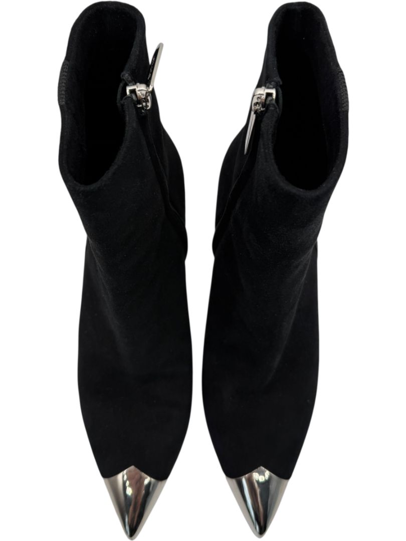 Calvin Klein Black Suede Booties with Silver Toe Cap – Size 39