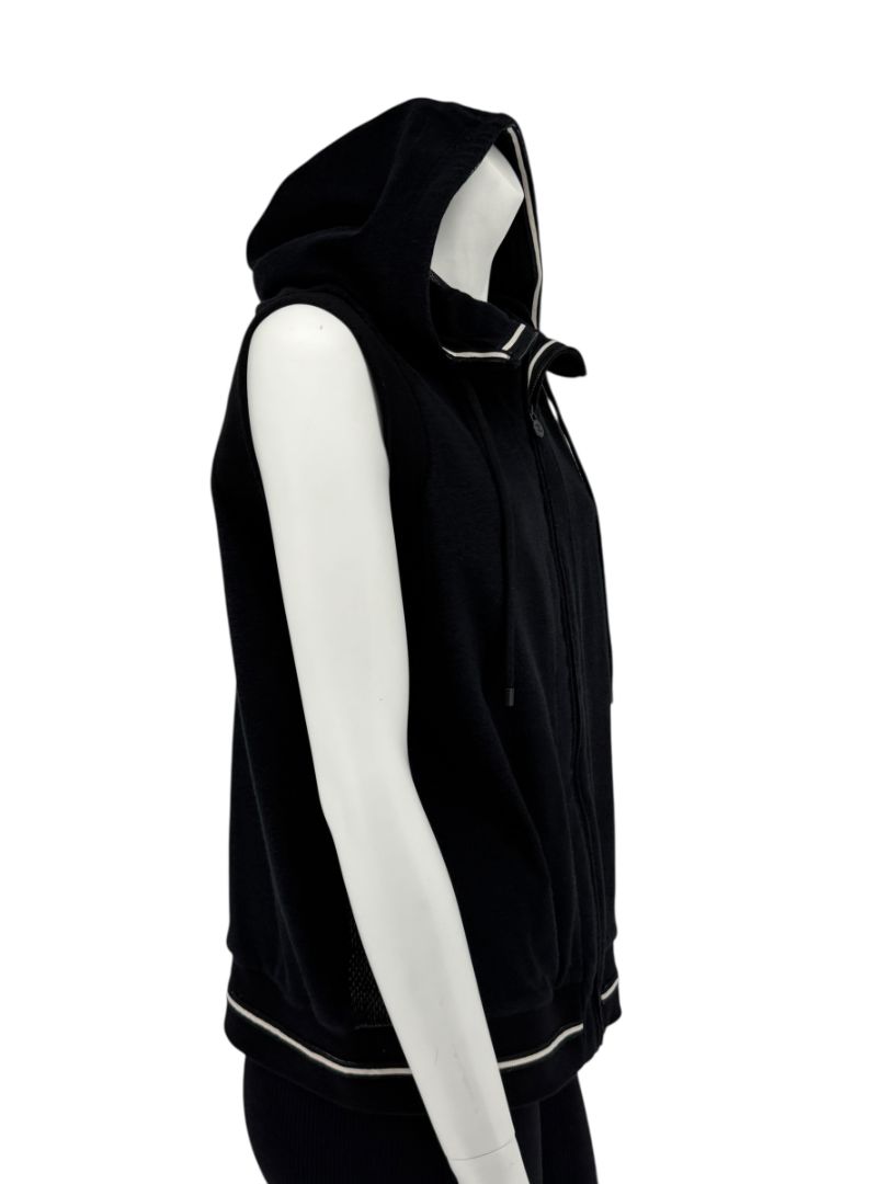 Chanel Black Velour Zip Front Sleeveless Hooded Sweatshirt - Size 42