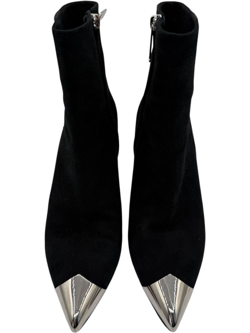 Calvin Klein Black Suede Booties with Silver Toe Cap – Size 39
