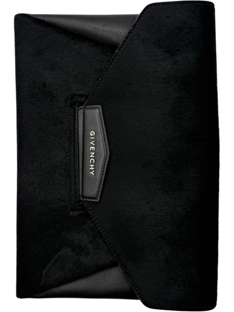 Givenchy Black Pony Hair Accented Antigona Envelope Clutch Bag