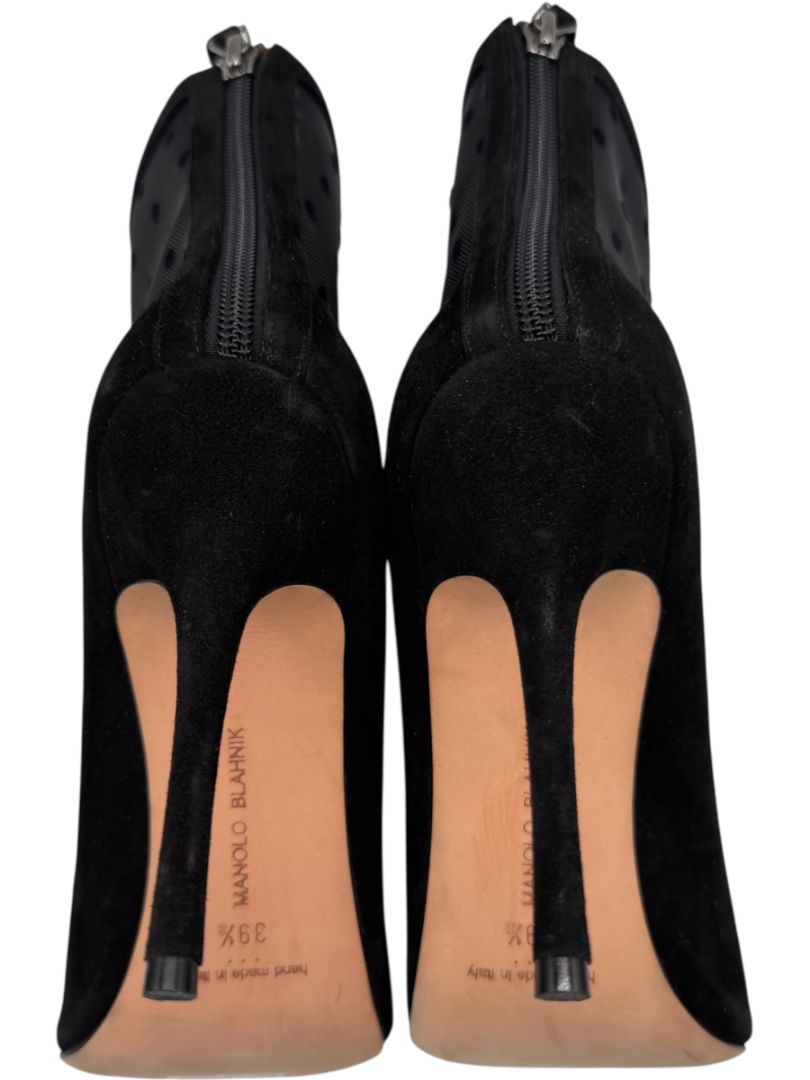 Manolo Blahnik Black Suede & Polka Dot Mesh Booties – Size 39.5