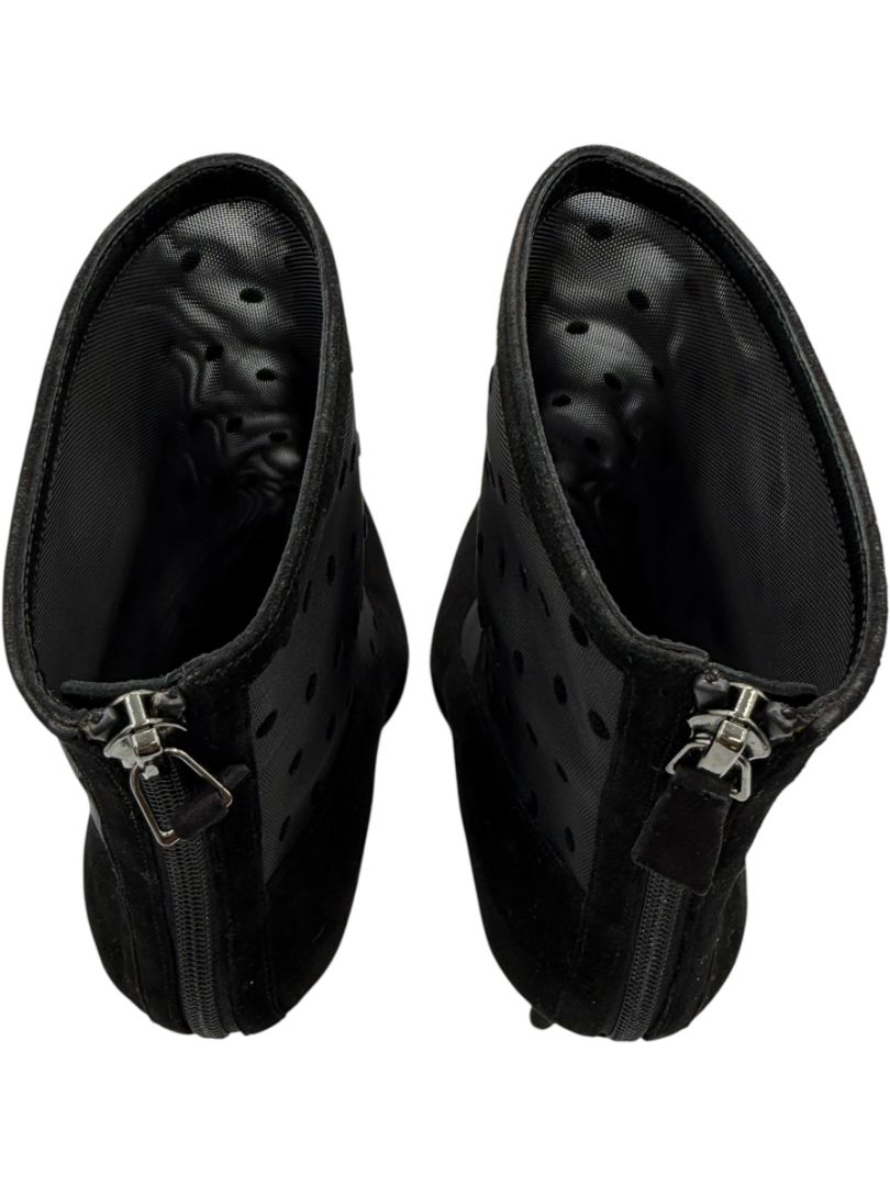 Manolo Blahnik Black Suede & Polka Dot Mesh Booties – Size 39.5