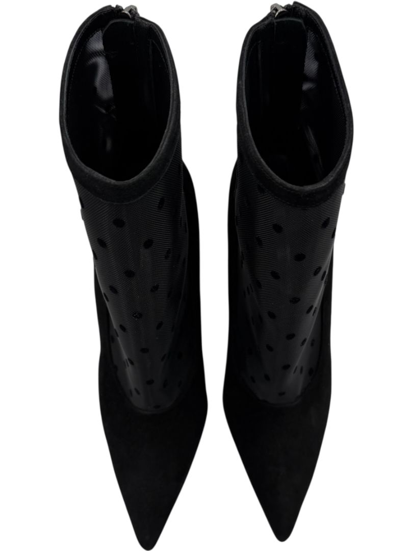 Manolo Blahnik Black Suede & Polka Dot Mesh Booties – Size 39.5