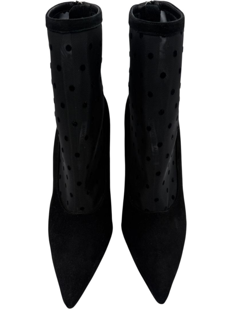 Manolo Blahnik Black Suede & Polka Dot Mesh Booties – Size 39.5