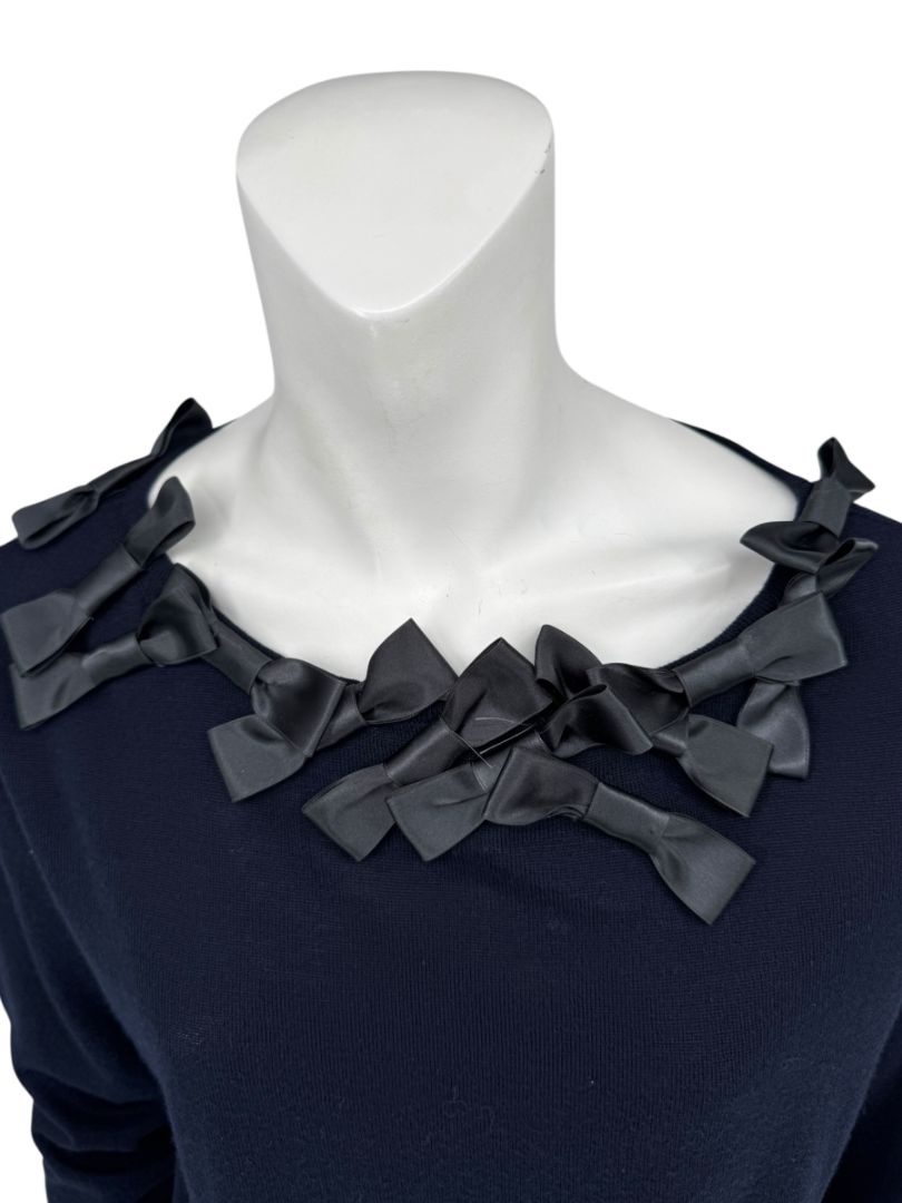 Rena Lange Navy Wool Sweater with Satin Bow Detail – Size 14 US / 46 FR