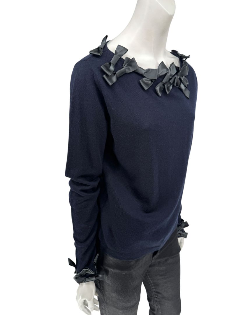 Rena Lange Navy Wool Sweater with Satin Bow Detail – Size 14 US / 46 FR