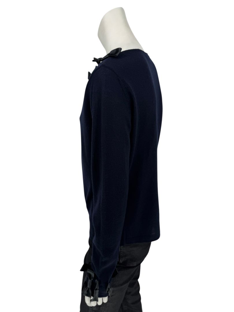 Rena Lange Navy Wool Sweater with Satin Bow Detail – Size 14 US / 46 FR