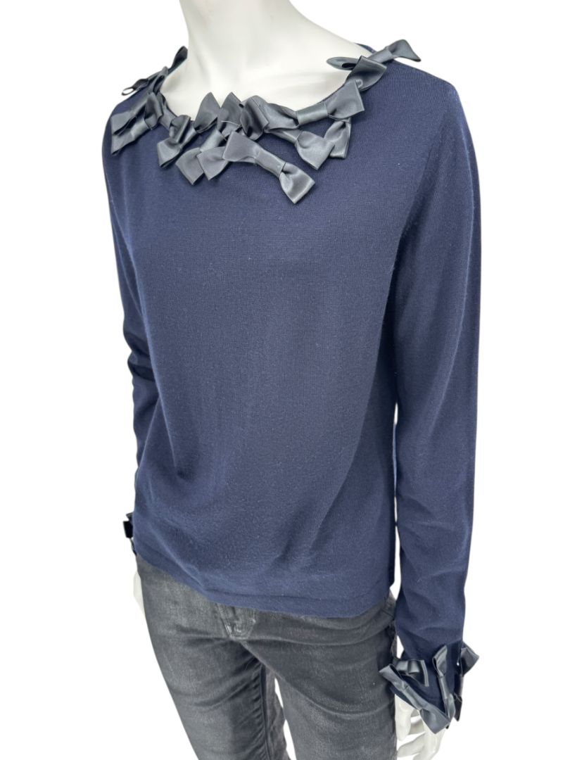 Rena Lange Navy Wool Sweater with Satin Bow Detail – Size 14 US / 46 FR
