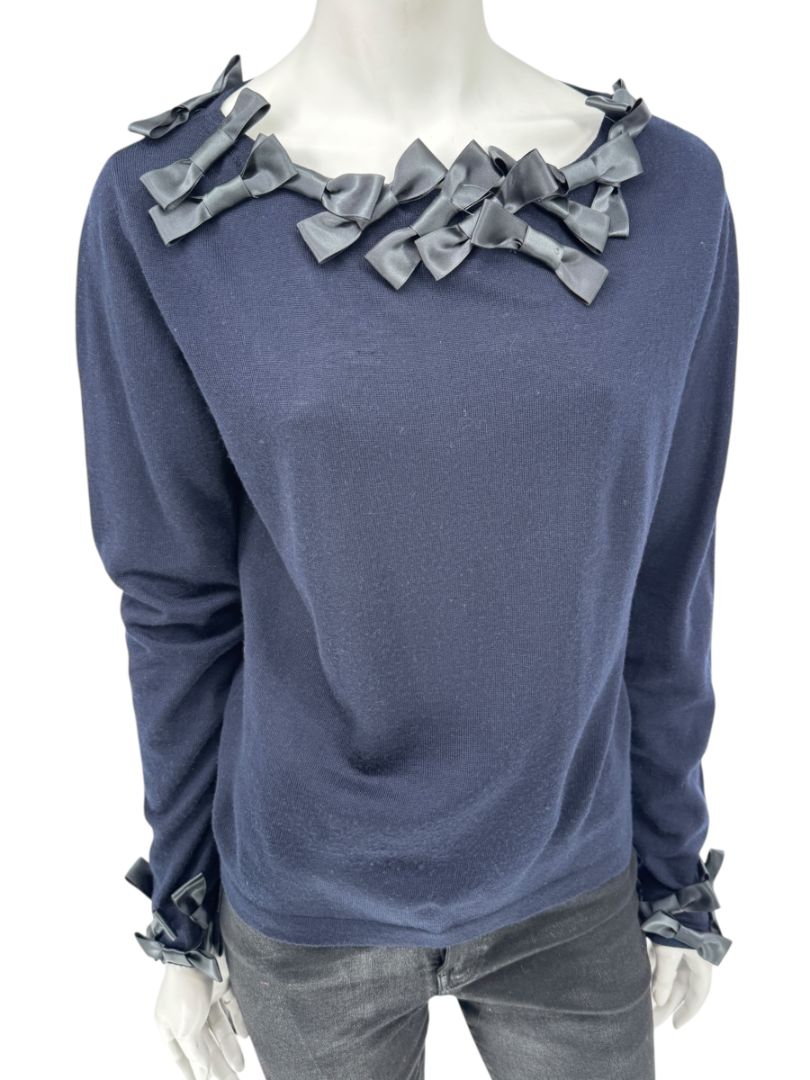 Rena Lange Navy Wool Sweater with Satin Bow Detail – Size 14 US / 46 FR