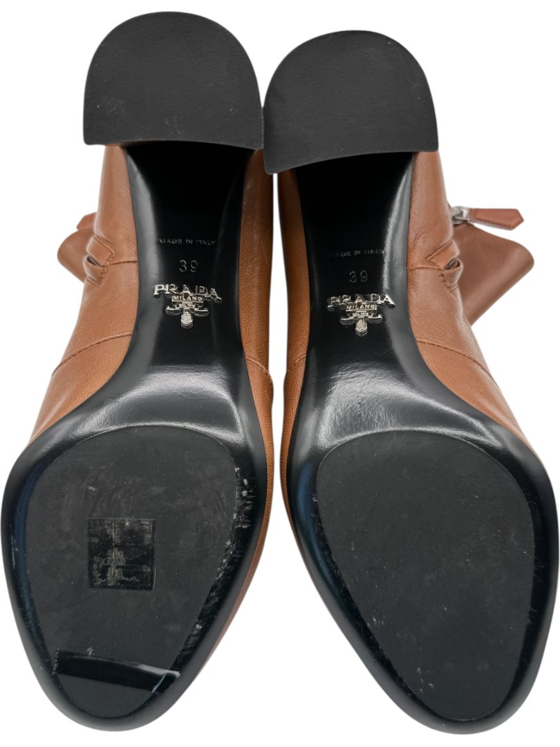 Prada Caramel Round Toe Leather Block Heel Booties – Size 39