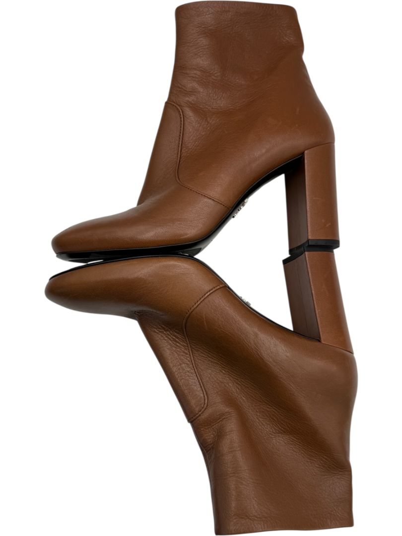 Prada Caramel Round Toe Leather Block Heel Booties – Size 39
