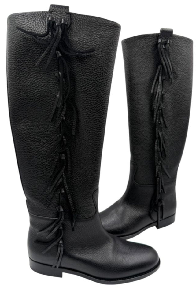 Valentino BNIB Leather Fringe Trim Accent Riding Boots - Size 37