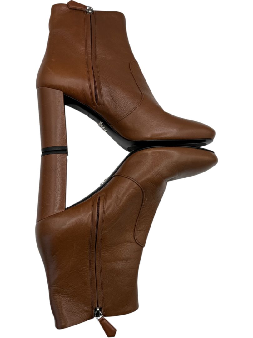 Prada Caramel Round Toe Leather Block Heel Booties – Size 39