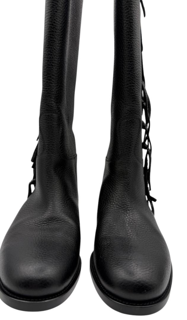 Valentino BNIB Leather Fringe Trim Accent Riding Boots - Size 37