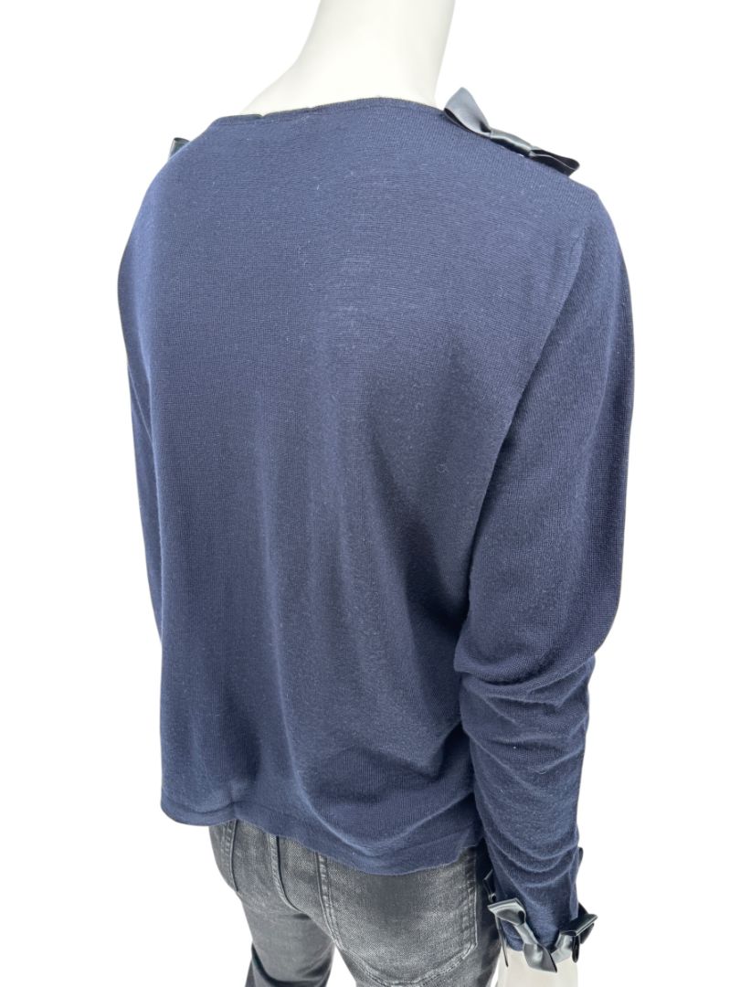 Rena Lange Navy Wool Sweater with Satin Bow Detail – Size 14 US / 46 FR