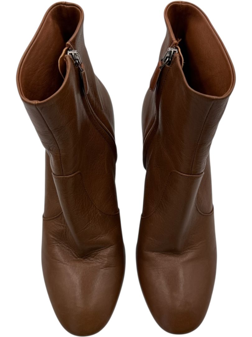 Prada Caramel Round Toe Leather Block Heel Booties – Size 39