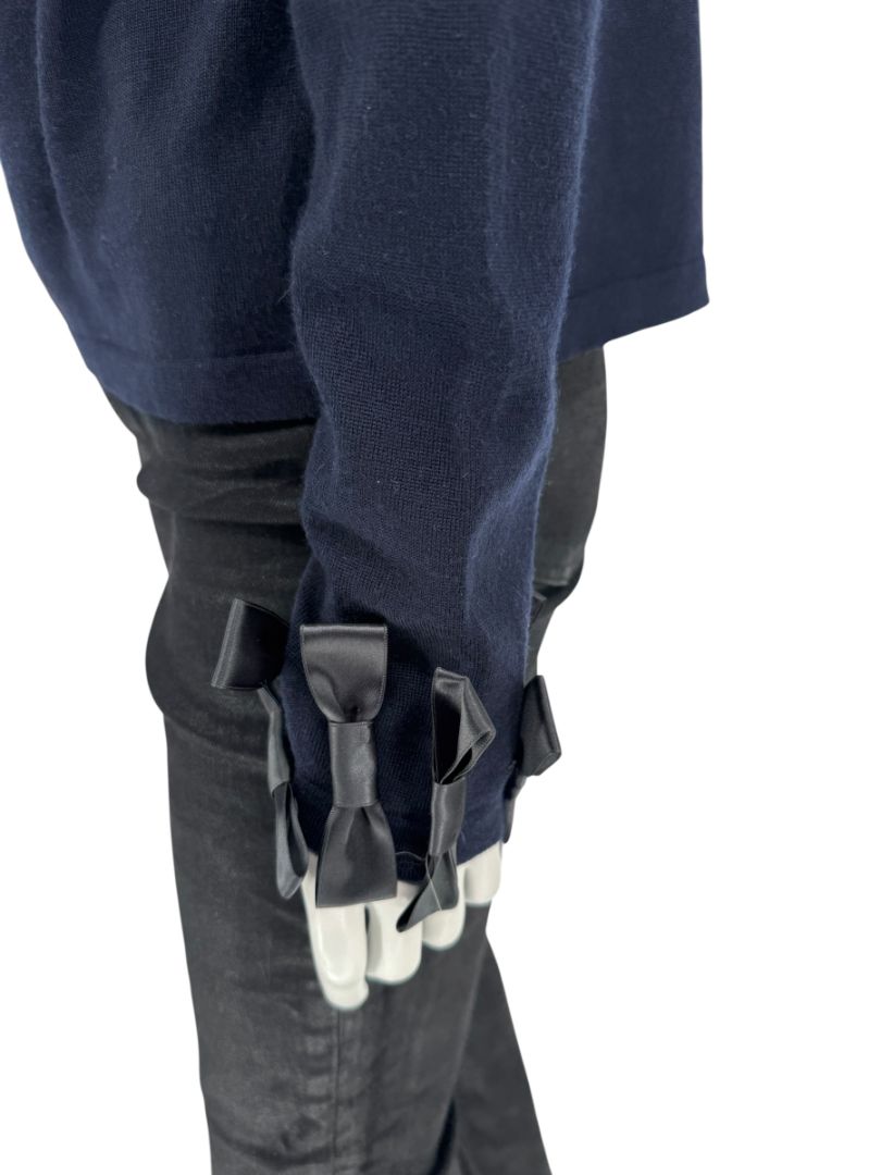 Rena Lange Navy Wool Sweater with Satin Bow Detail – Size 14 US / 46 FR