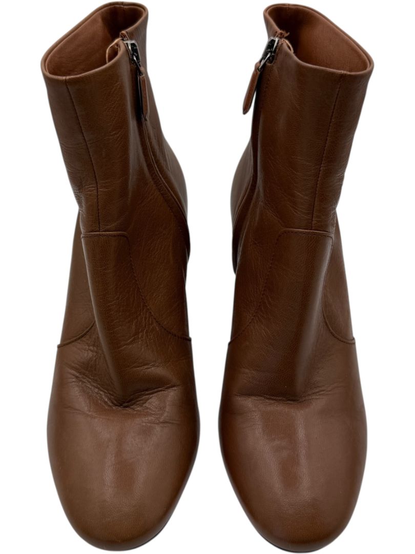 Prada Caramel Round Toe Leather Block Heel Booties – Size 39