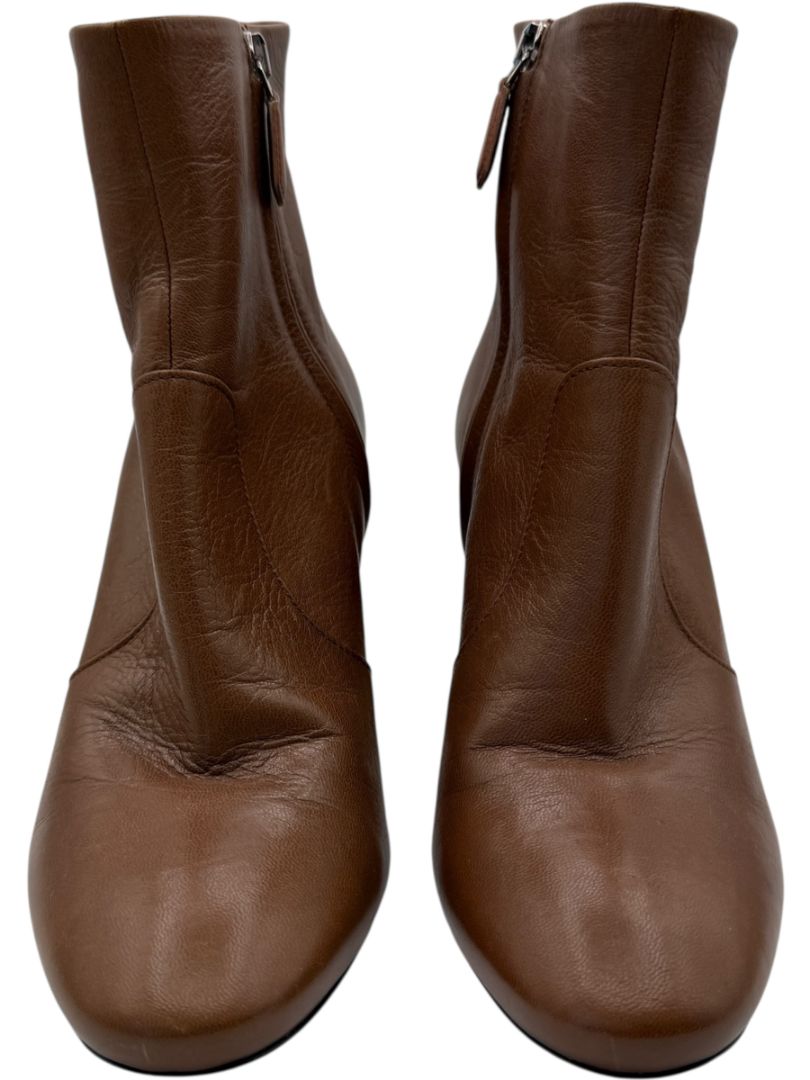 Prada Caramel Round Toe Leather Block Heel Booties – Size 39