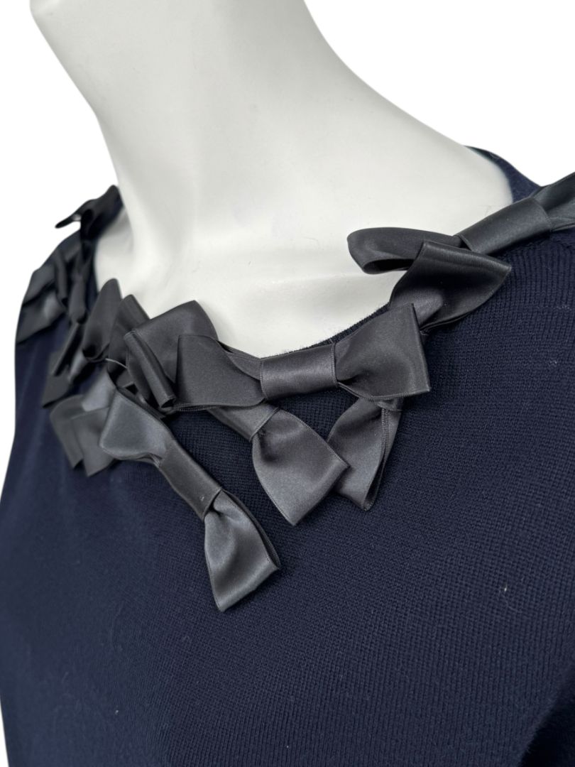 Rena Lange Navy Wool Sweater with Satin Bow Detail – Size 14 US / 46 FR