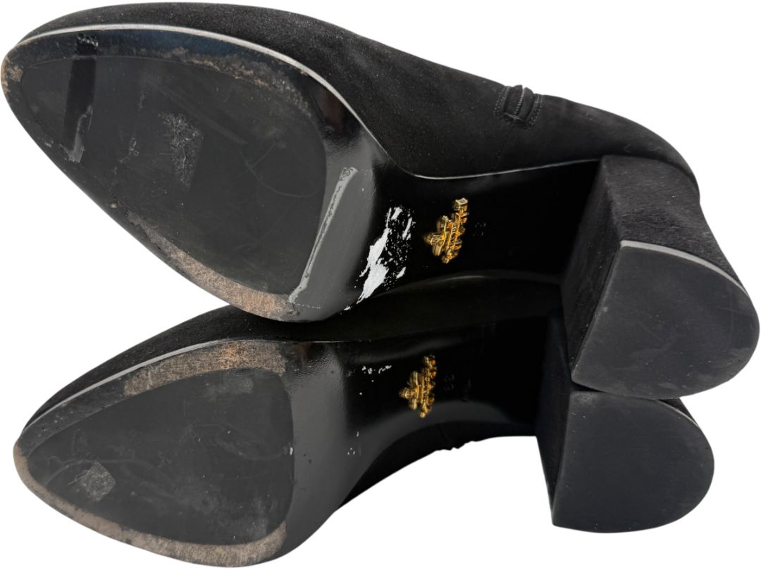 Prada Black Suede Block Heel Booties – Size 39