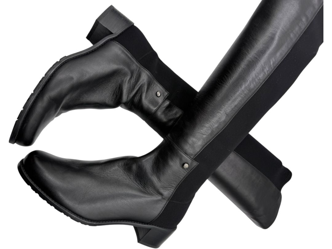 Stuart Weitzman Black Leather & Stretch Fabric 50/50 Knee-High Riding Boots – Size 8M
