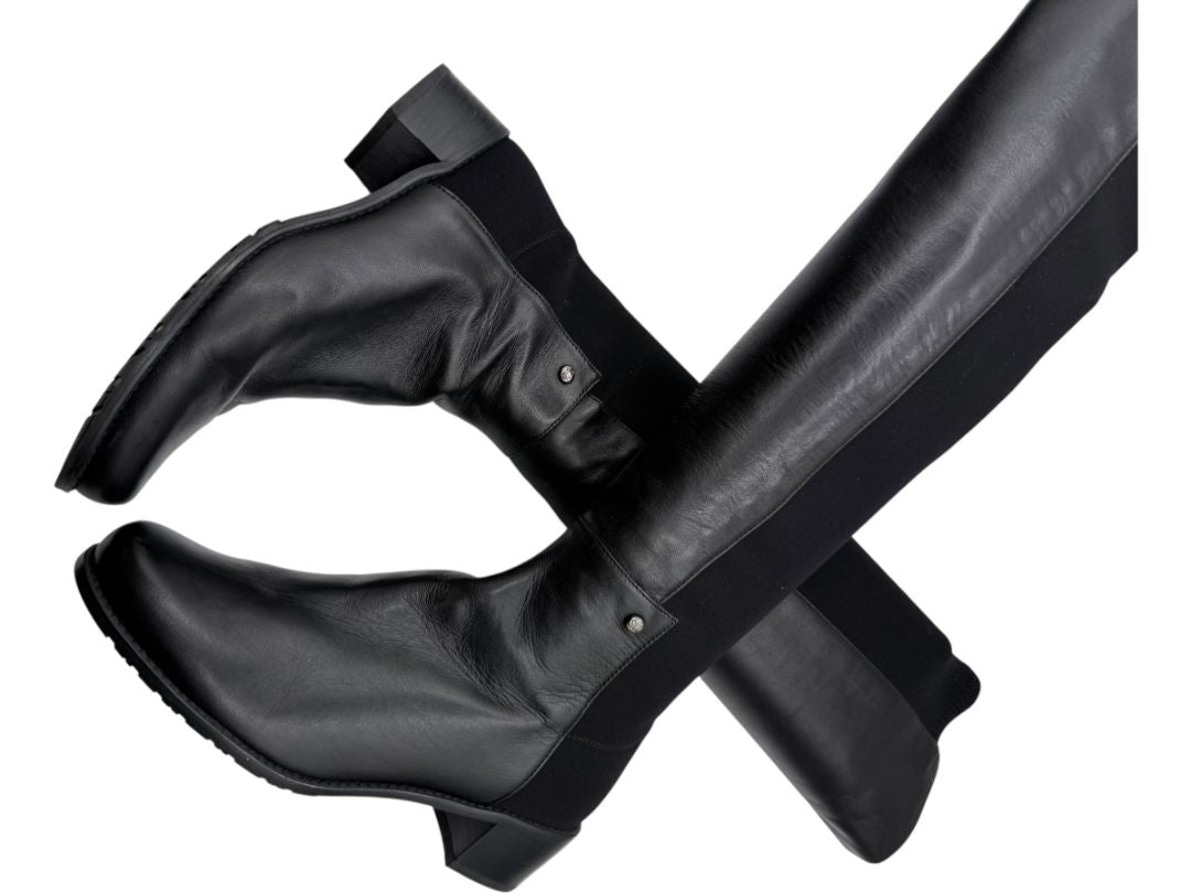 Stuart Weitzman Black Leather & Stretch Fabric 50/50 Knee-High Riding Boots – Size 8M