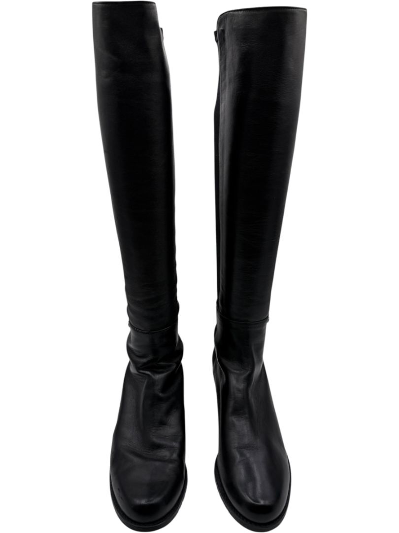 Stuart Weitzman Black Leather & Stretch Fabric 50/50 Knee-High Riding Boots – Size 8M