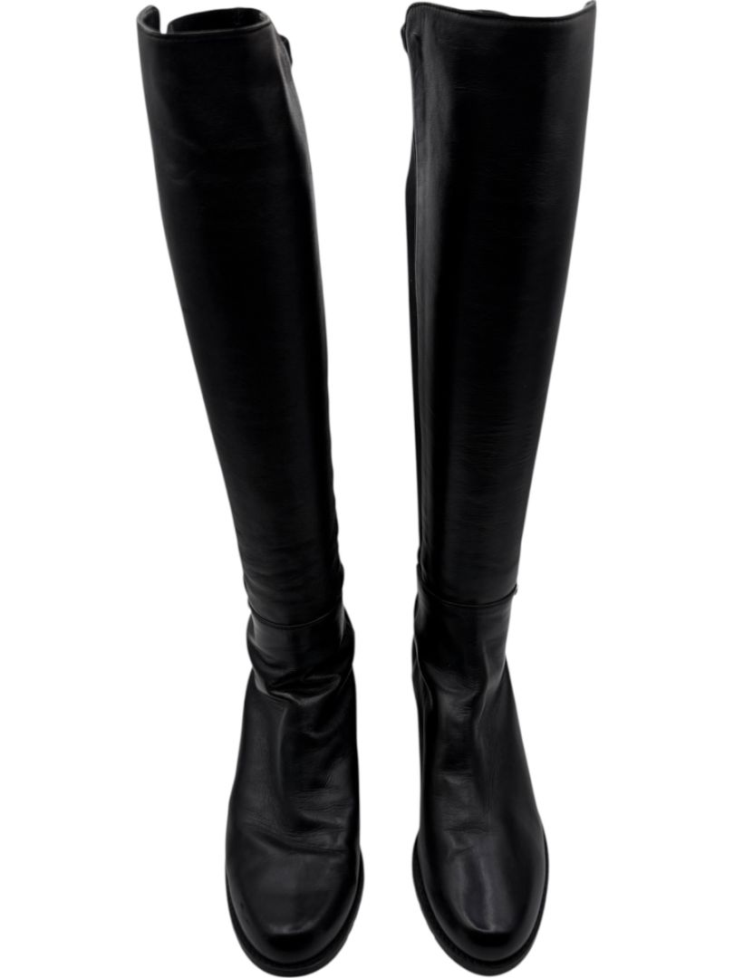 Stuart Weitzman Black Leather & Stretch Fabric 50/50 Knee-High Riding Boots – Size 8M