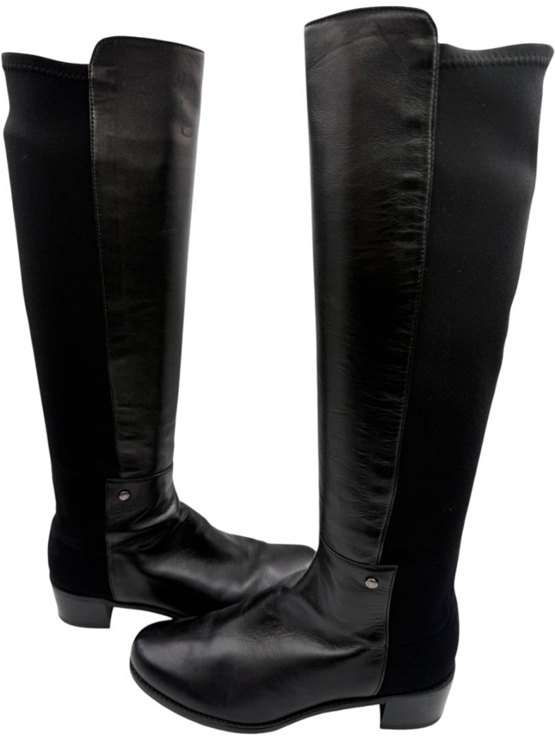 Stuart Weitzman Black Leather & Stretch Fabric 50/50 Knee-High Riding Boots – Size 8M