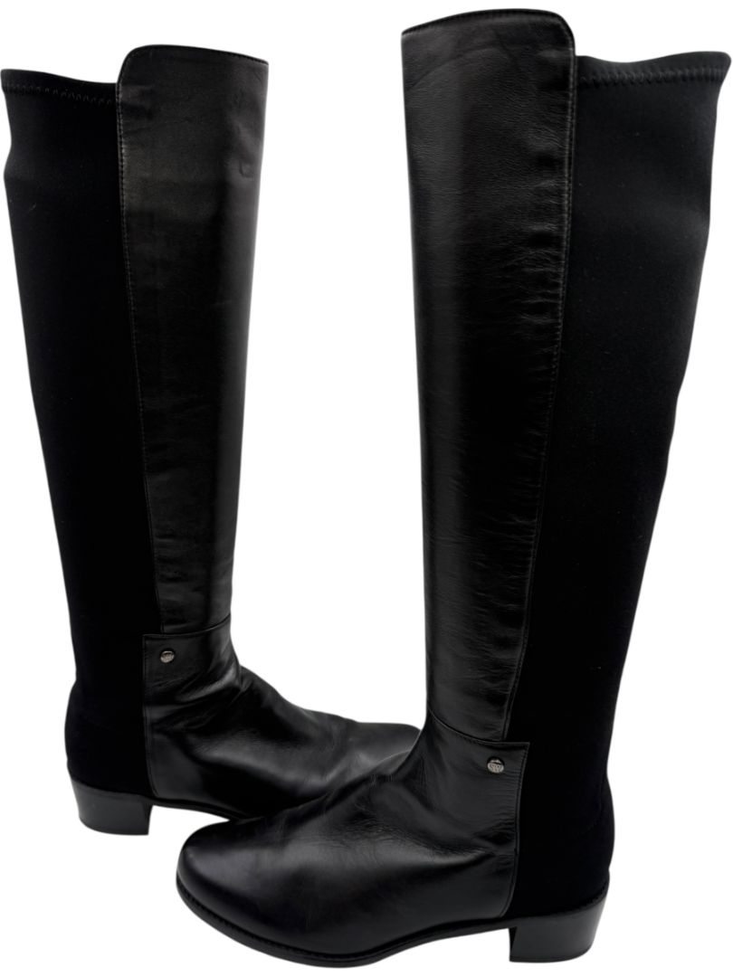 Stuart Weitzman Black Leather & Stretch Fabric 50/50 Knee-High Riding Boots – Size 8M