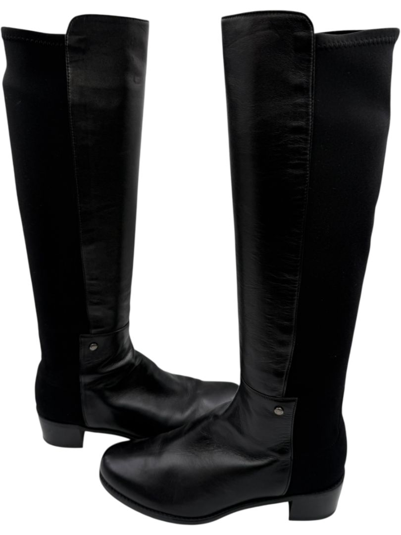 Stuart Weitzman Black Leather & Stretch Fabric 50/50 Knee-High Riding Boots – Size 8M