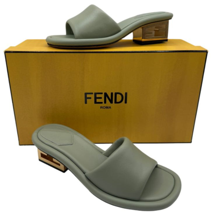 Fendi Green Leather Baguette Heel Slide Sandals Size 37