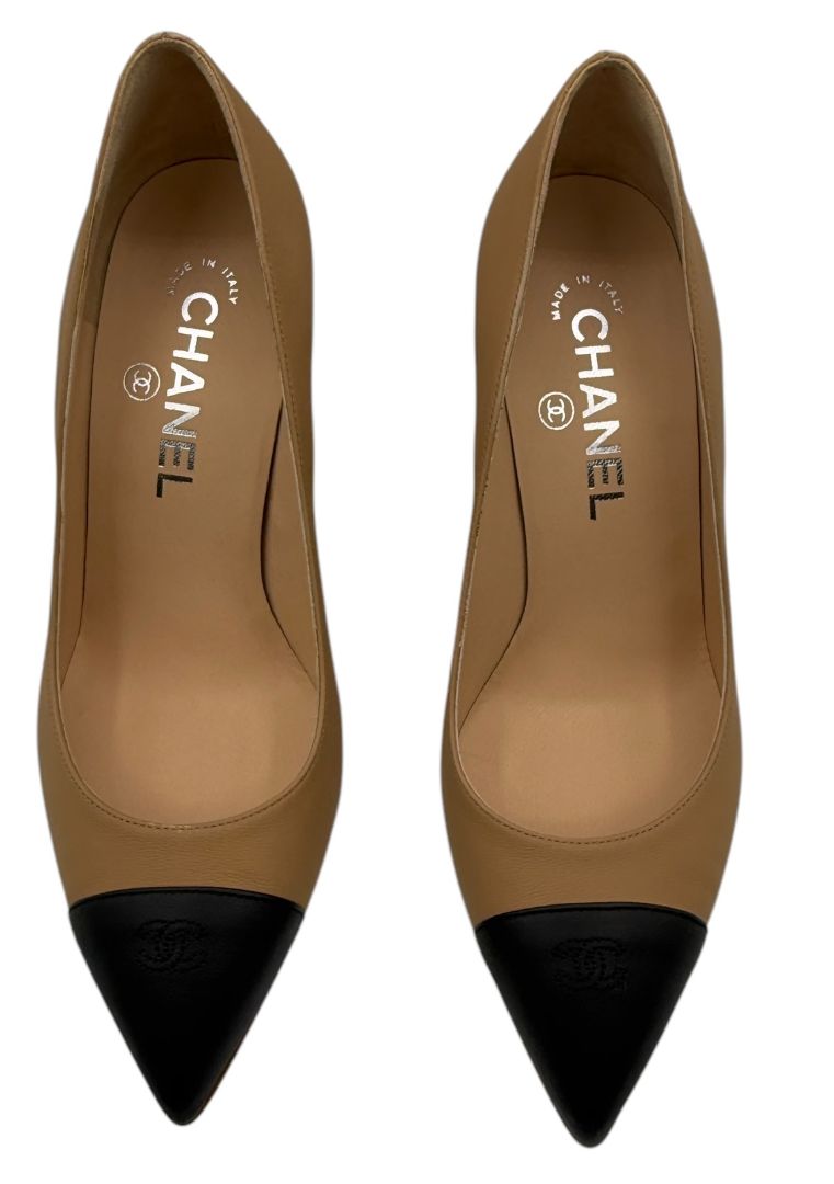 NIB Chanel Chanel Beige/Black Leather Wedge Cap Toe Pumps Size 6