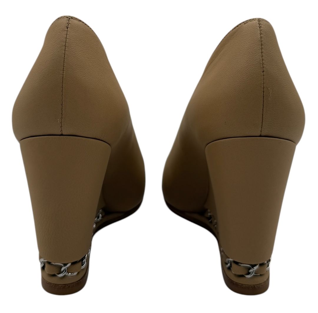 NIB Chanel Chanel Beige/Black Leather Wedge Cap Toe Pumps Size 6