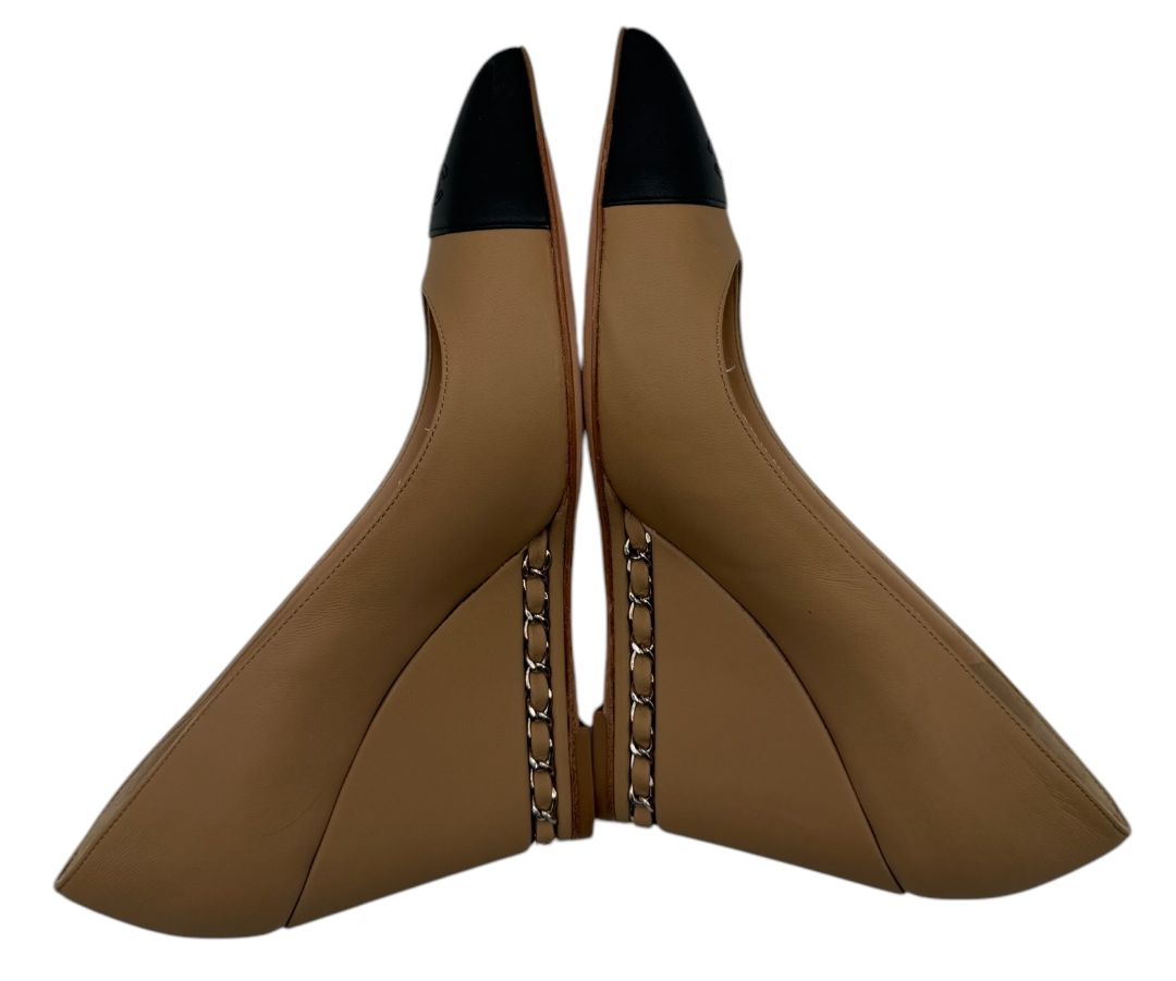 NIB Chanel Chanel Beige/Black Leather Wedge Cap Toe Pumps Size 6