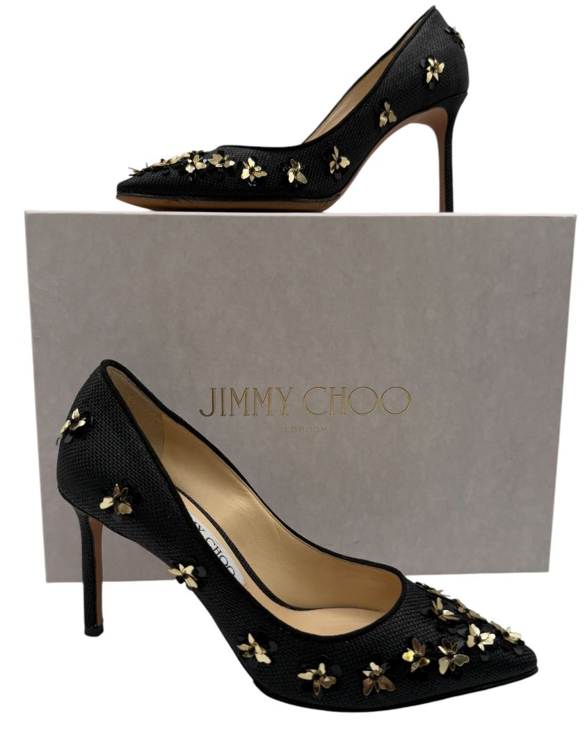 Jimmy Choo ROMY Basketweave Golden Blooms - Size 37 NIB