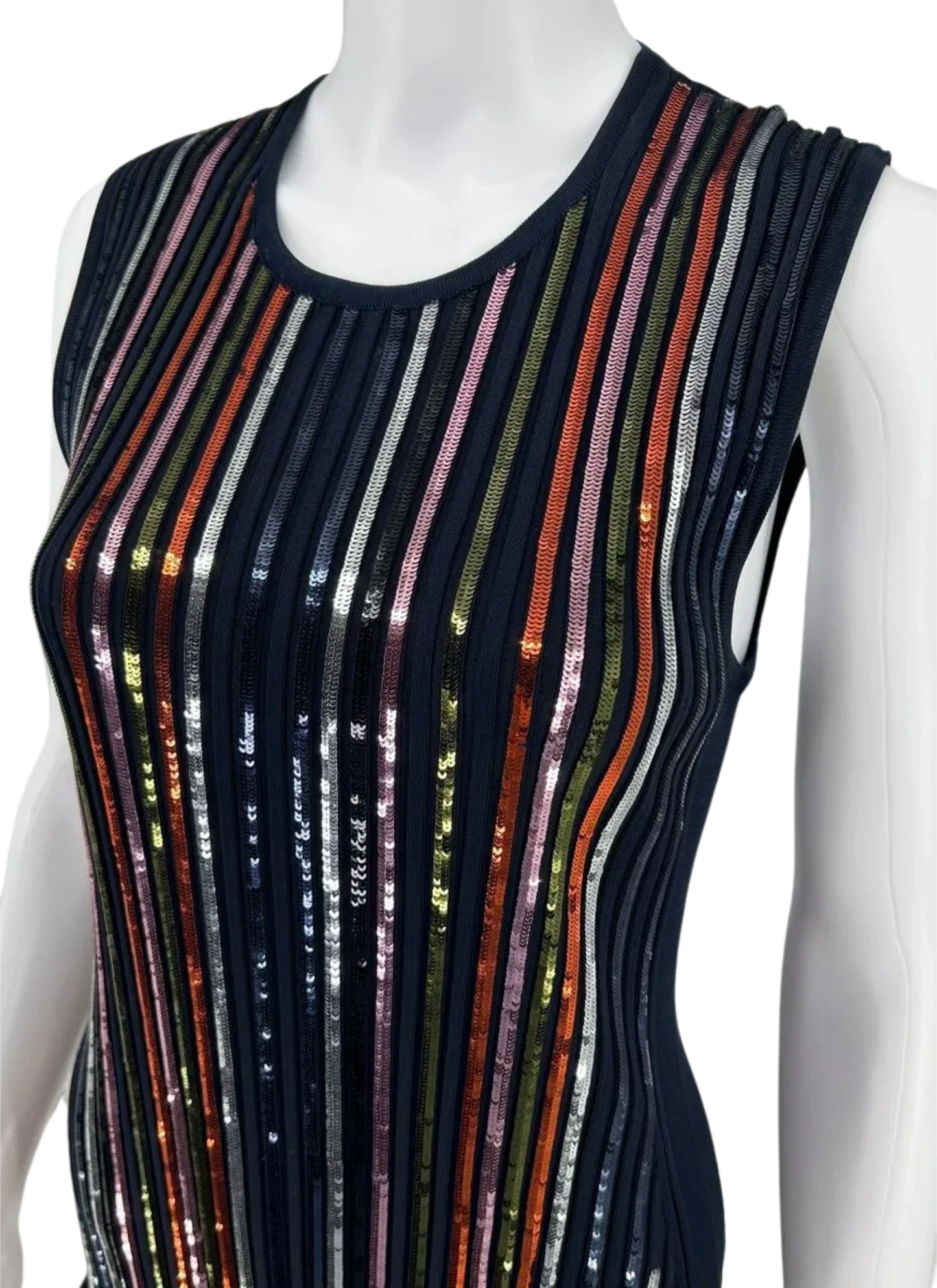 Nina Ricci Navy Blue Multi Sequined Fitted Ribbed Knit Dress