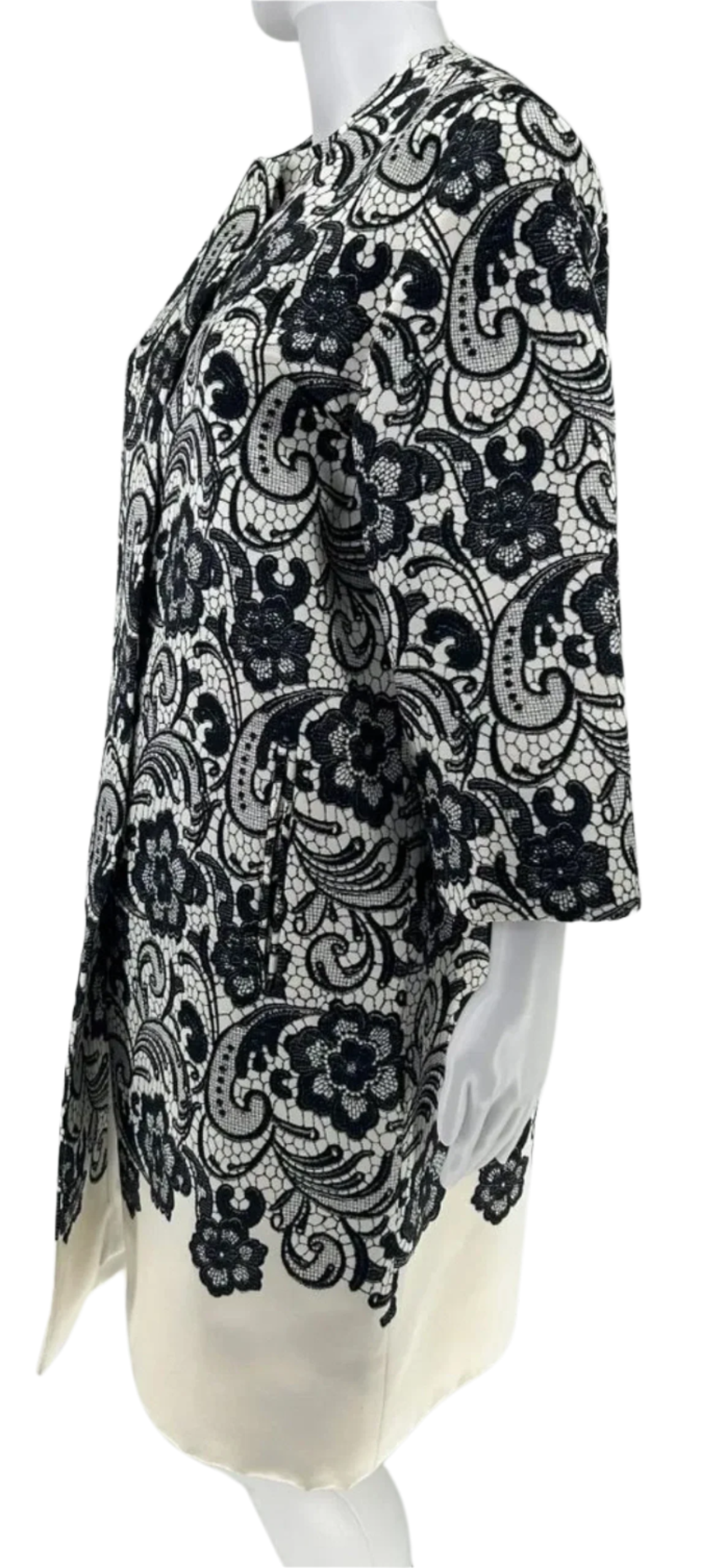 Dolce & Gabbana  Black and White Lace Print on Creamy Duchess Satin, Evening Topper/Coat/Jacket.