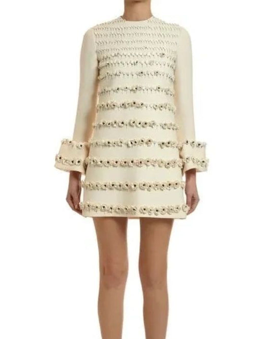 Valentino Floral Beaded Bell-Cuff Embroidered with Applique Mini Dress