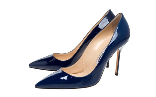 Manolo Blahnik Blue Patent Leather BB Pointed Toe Pumps