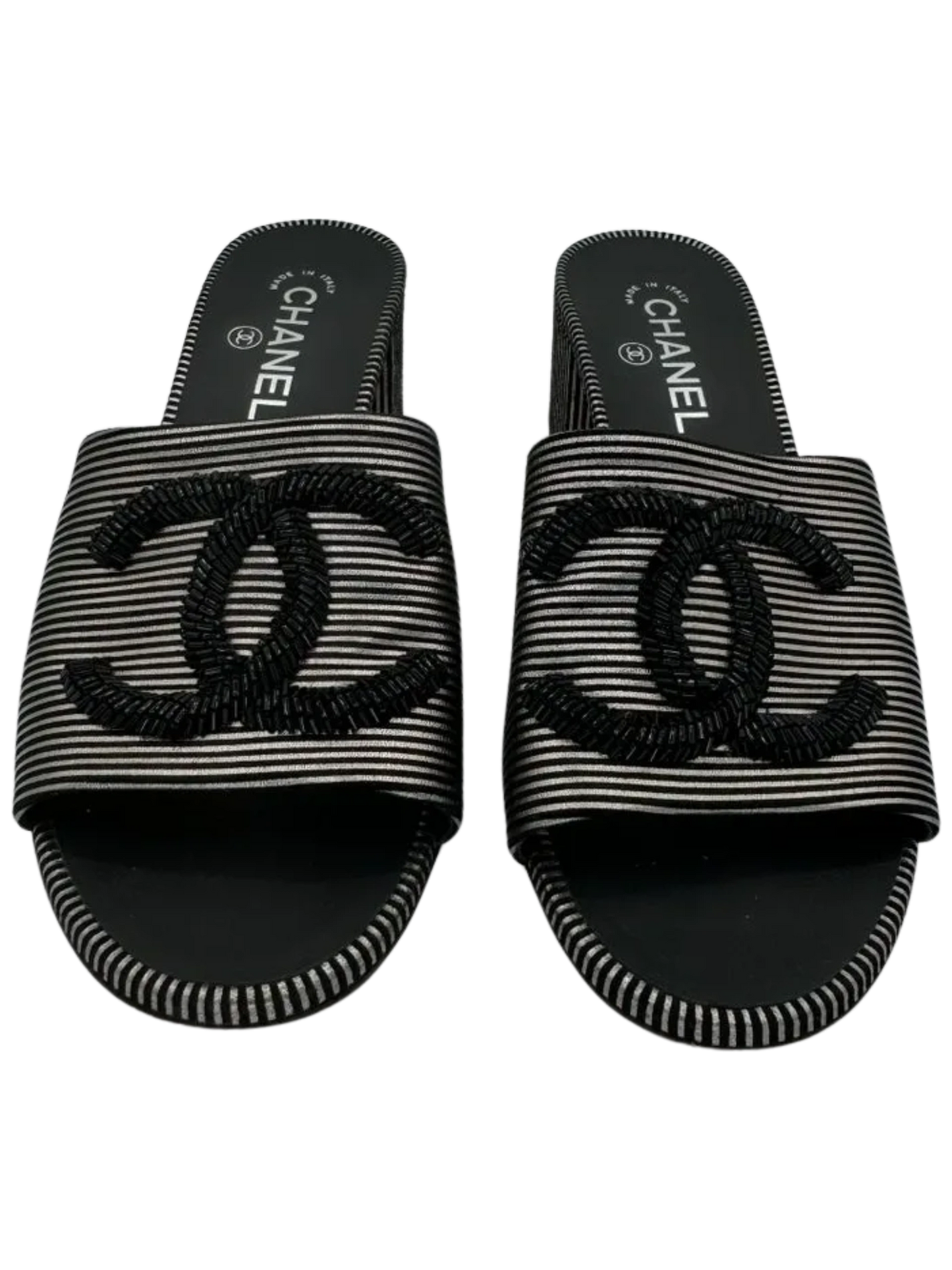 Chanel Women's CC Slide Sandals Embellished Striped Suede Sz. 39.5