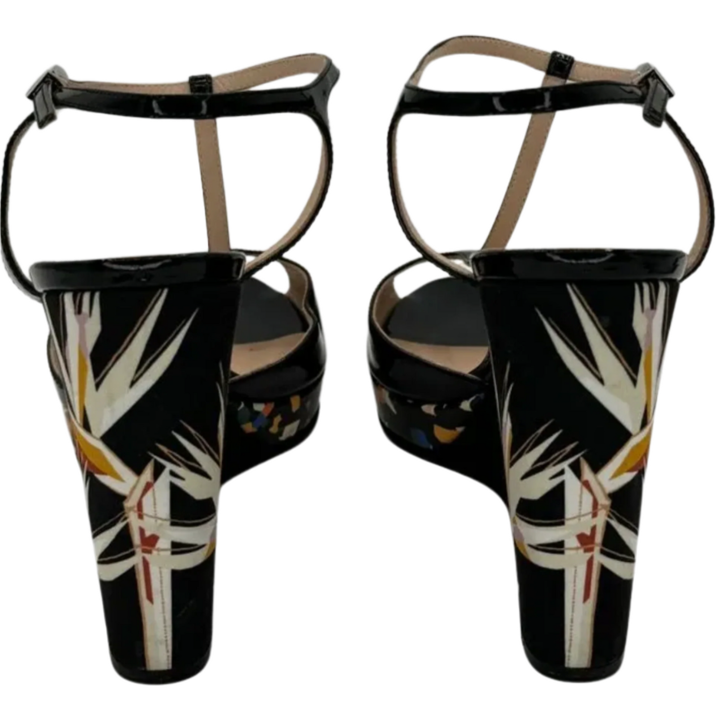 Fendi Black Patent Bird Of Paradise T Strap Wedge Sandals Size 39