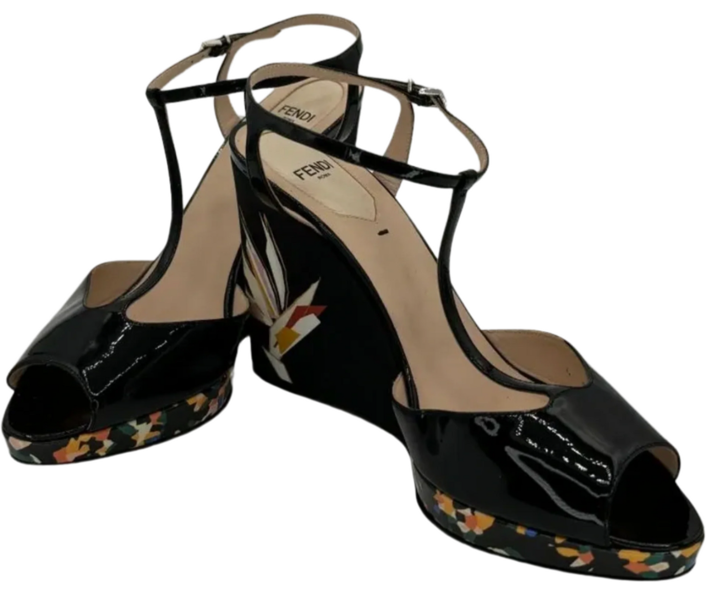 Fendi Black Patent Bird Of Paradise T Strap Wedge Sandals Size 39