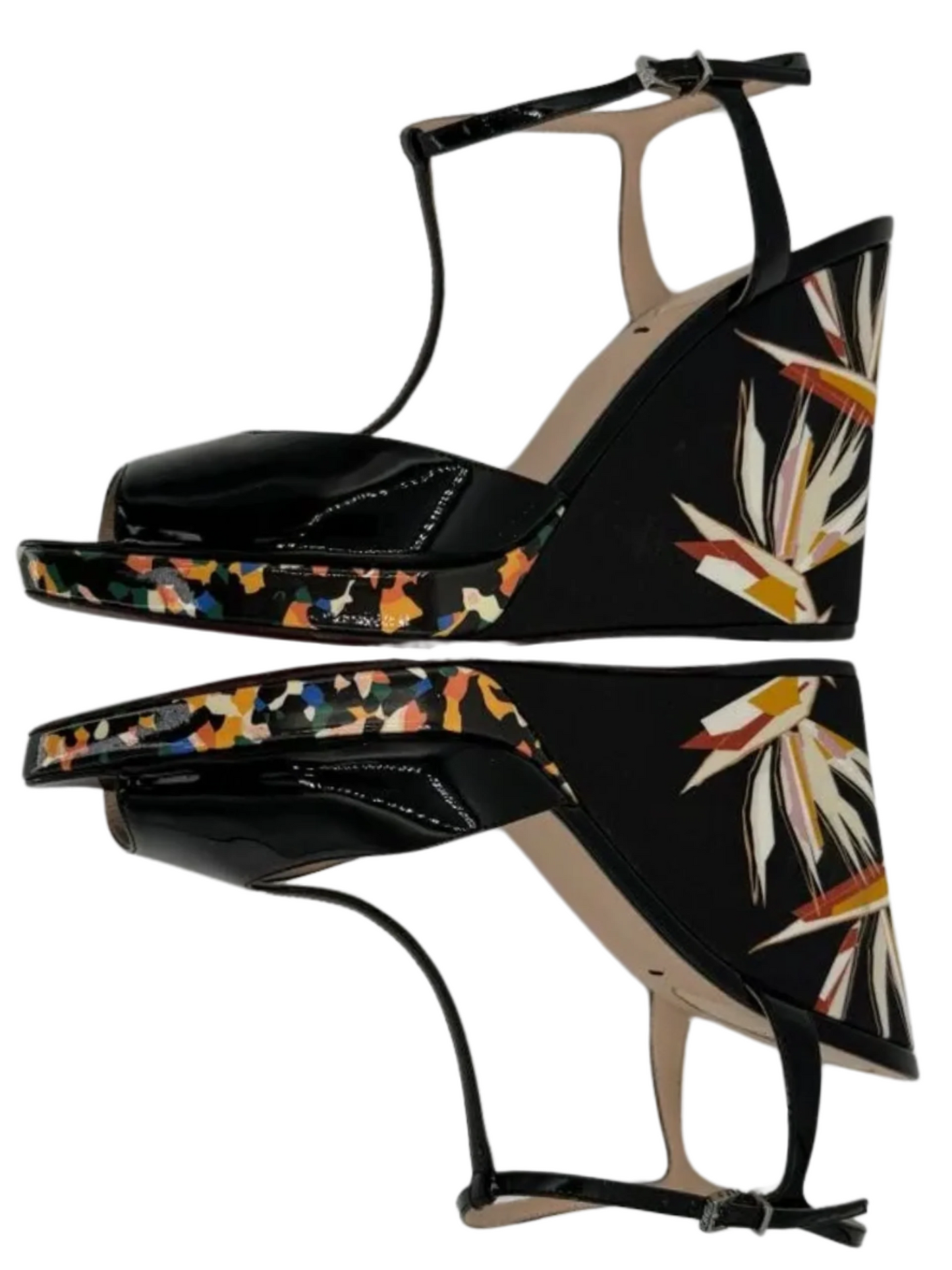 Fendi Black Patent Bird Of Paradise T Strap Wedge Sandals Size 39