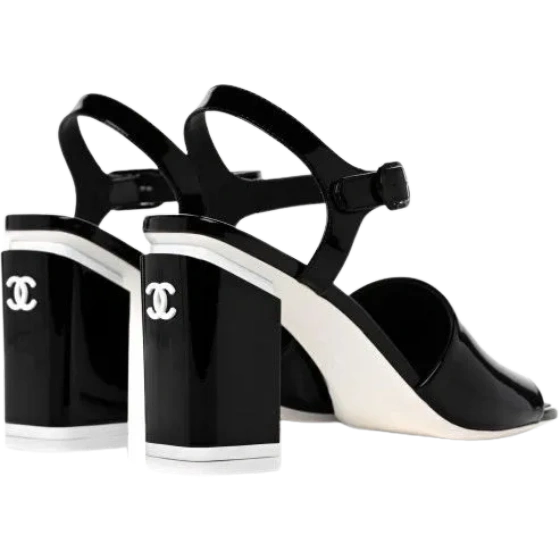 Chanel Black Patent Leather CC Block Heel Ankle Strap