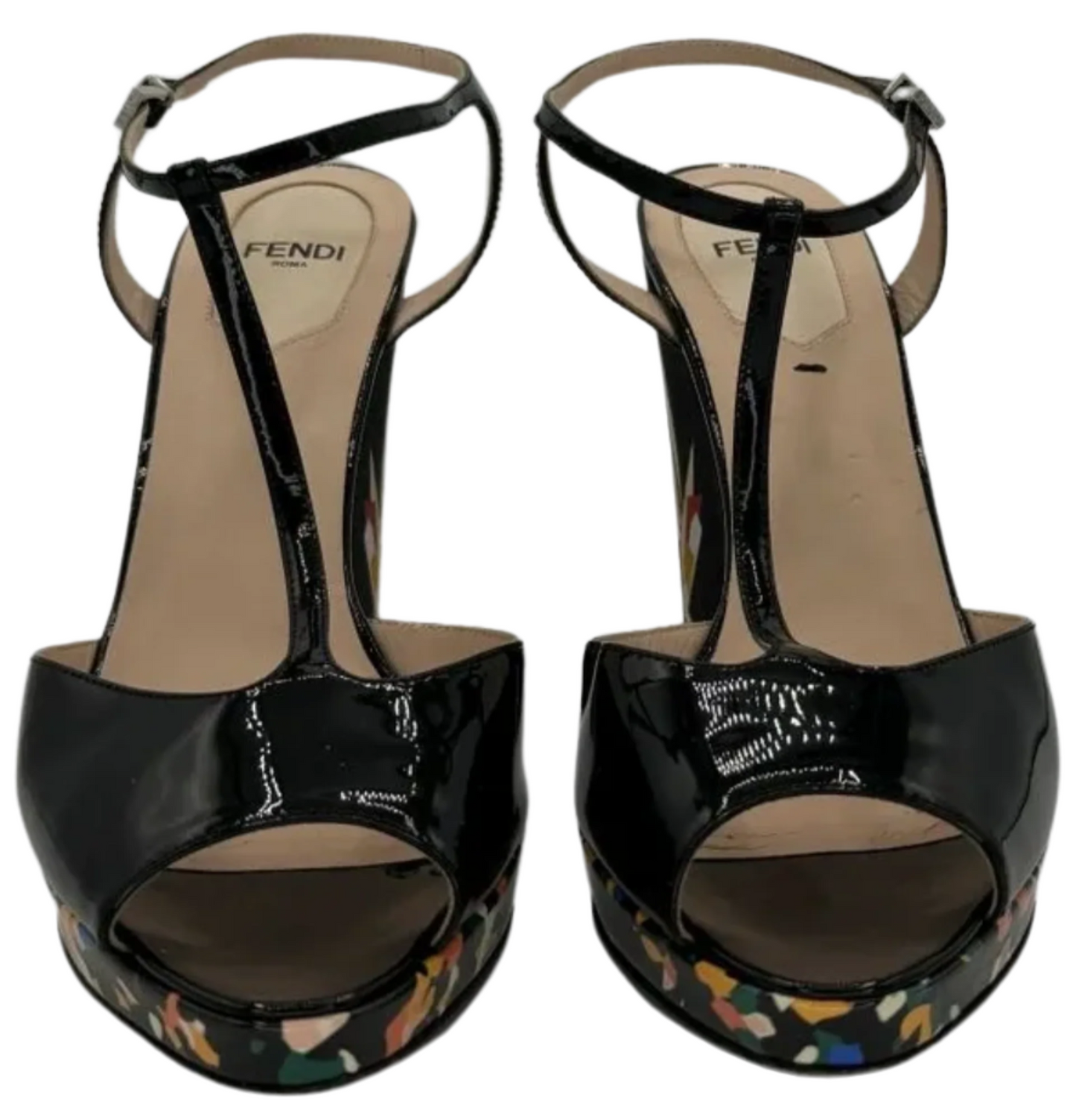 Fendi Black Patent Bird Of Paradise T Strap Wedge Sandals Size 39