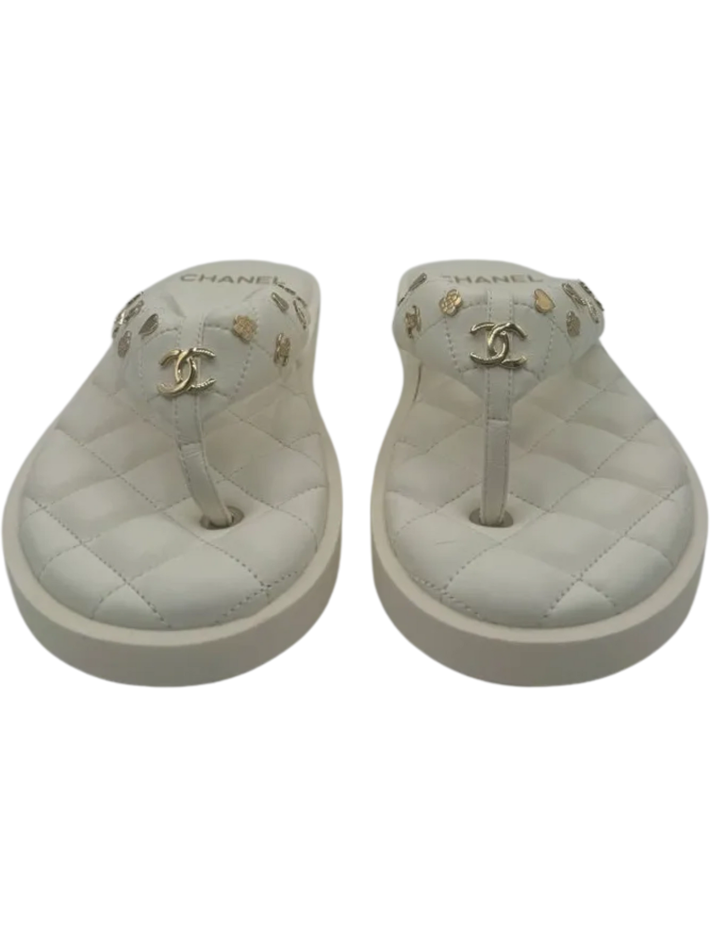 Chanel Spring 2023 White Quilted Charms Padded Pool Thong Sandal