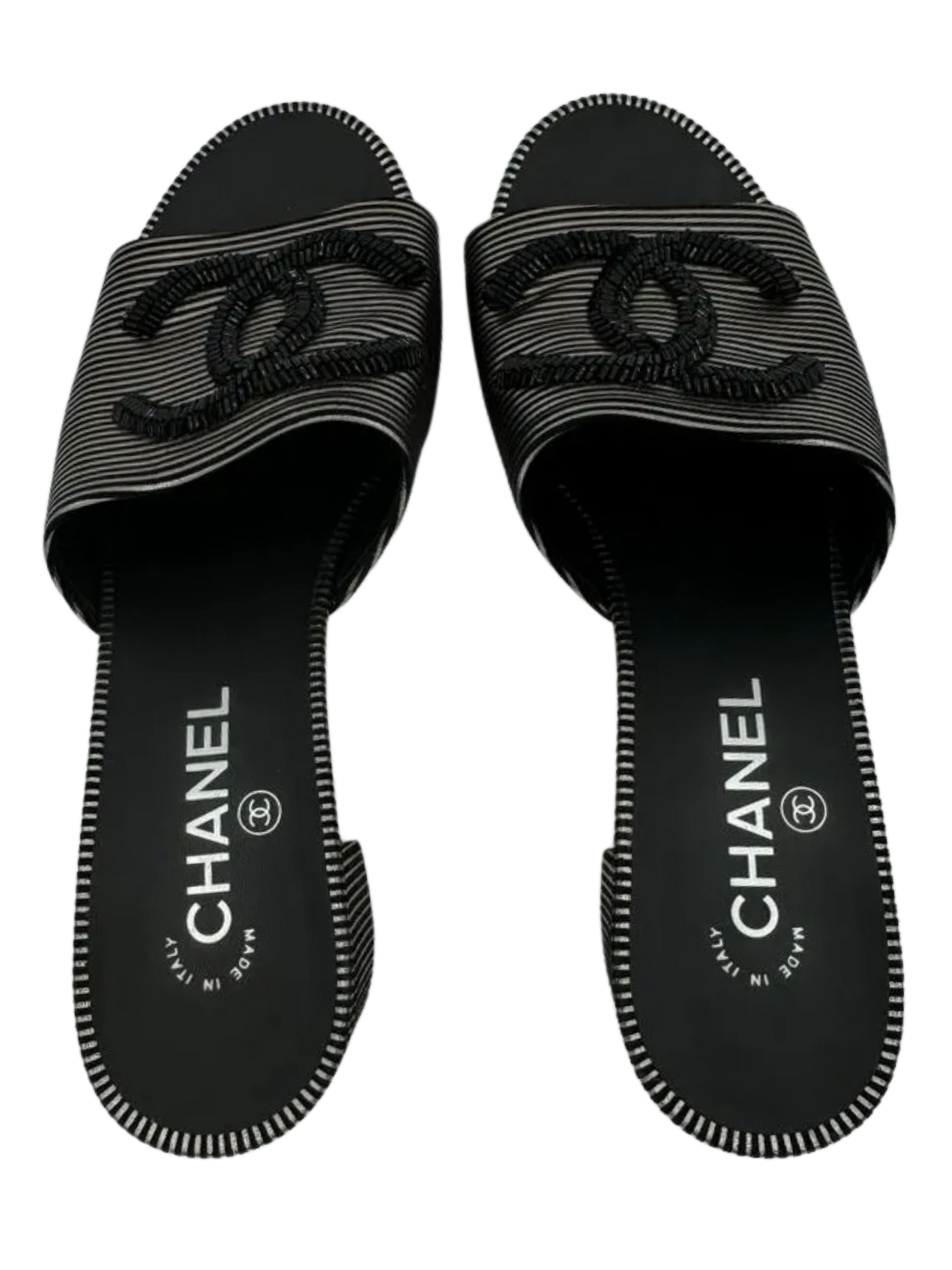 Chanel Women's CC Slide Sandals Embellished Striped Suede Sz. 39.5