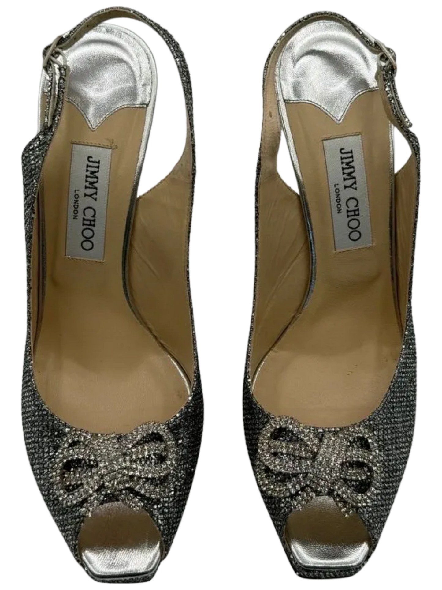 Jimmy Choo Silver Glitter Crystal Embellished Ankle Strap Platform Sandal